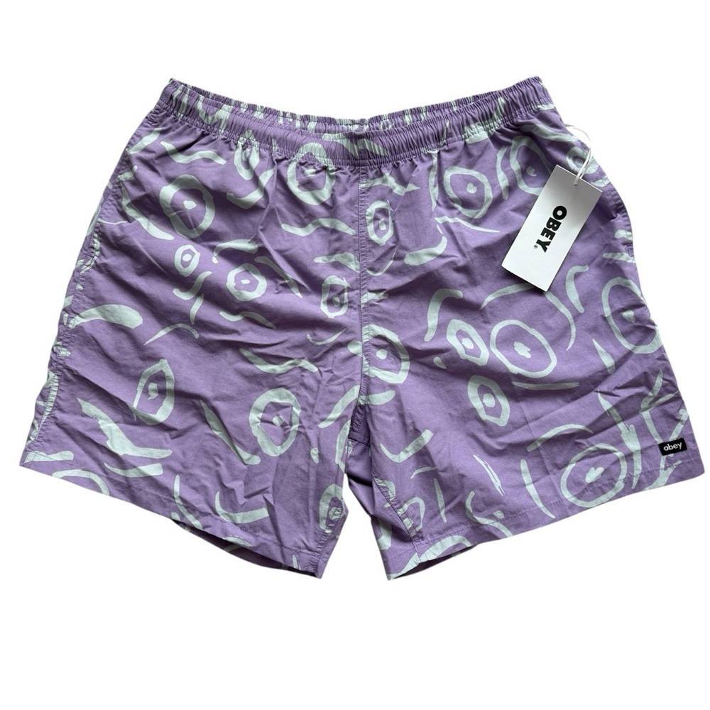 Obey Men's XL Nylon Purple Abstract Print Drawstring Elastic Waist Loose Fit 7”